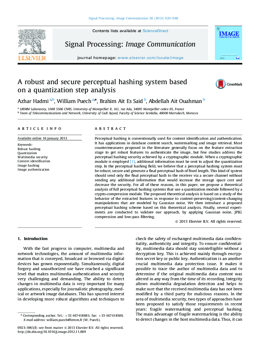 A robust and secure perceptual hashing system based on a quantization step analysis