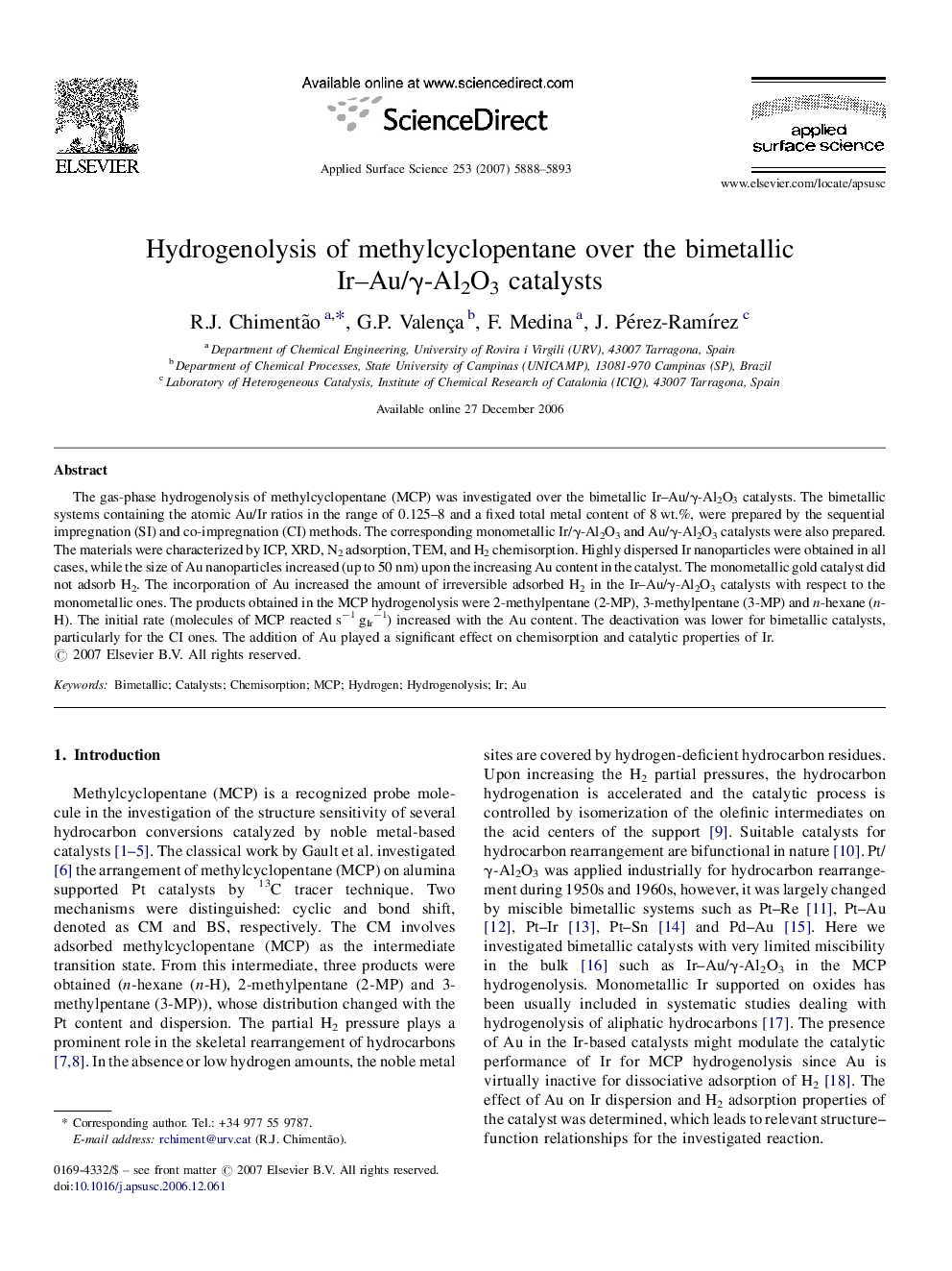 Hydrogenolysis of methylcyclopentane over the bimetallic Ir-Au/Î³-Al2O3 catalysts