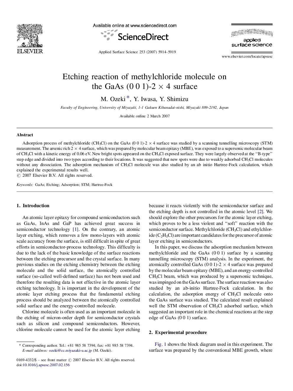 Etching reaction of methylchloride molecule on the GaAs (0 0 1)-2 Ã 4 surface