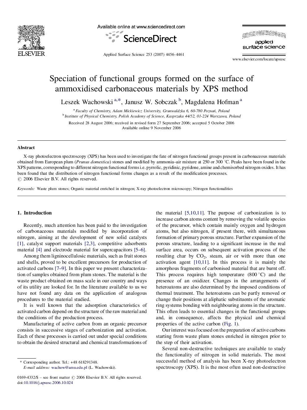 Speciation of functional groups formed on the surface of ammoxidised carbonaceous materials by XPS method