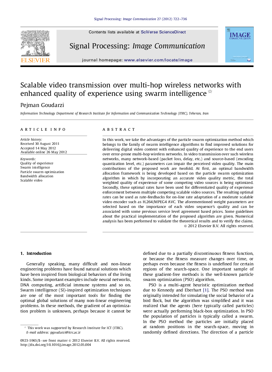 Scalable video transmission over multi-hop wireless networks with enhanced quality of experience using swarm intelligence 