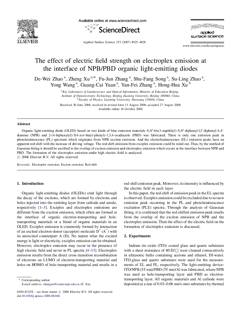 The effect of electric field strength on electroplex emission at the interface of NPB/PBD organic light-emitting diodes