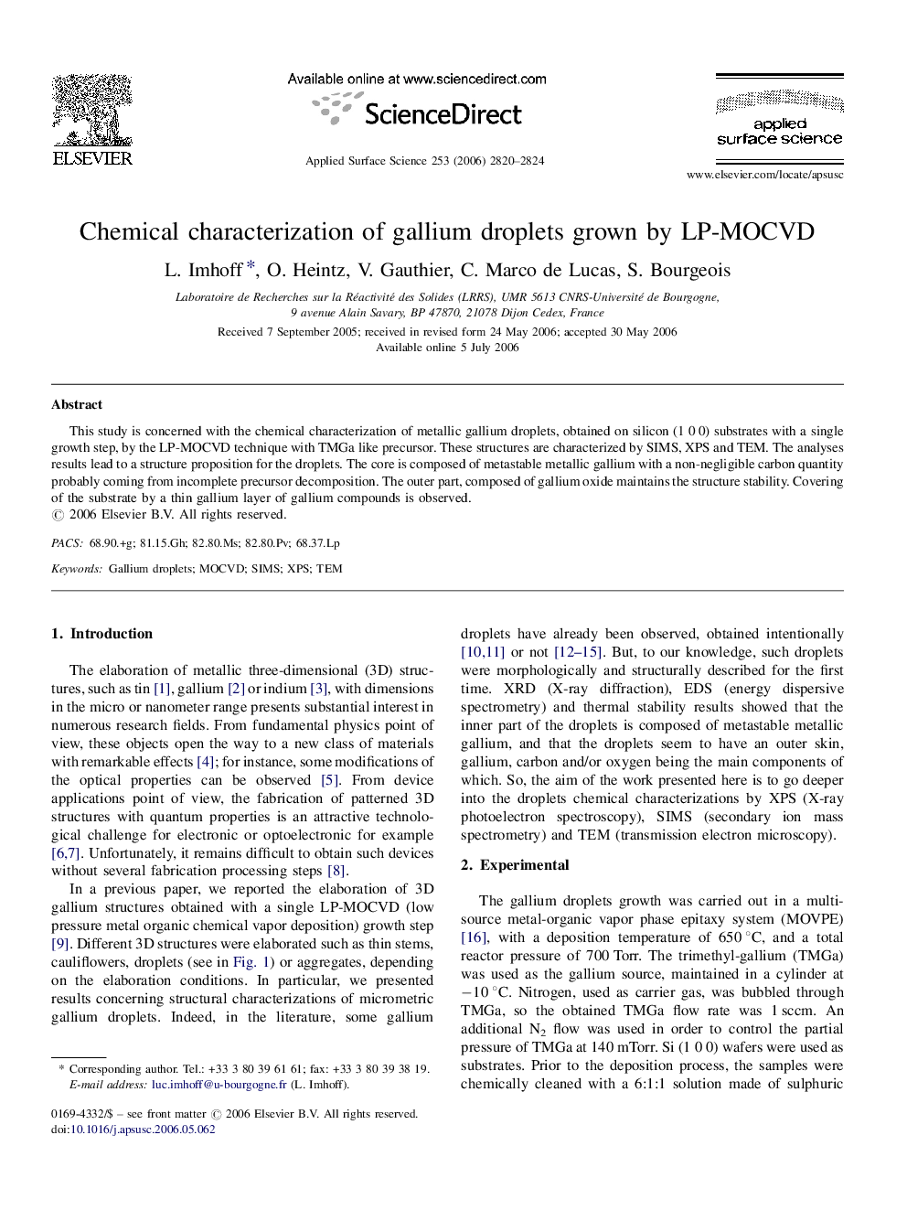 Chemical characterization of gallium droplets grown by LP-MOCVD