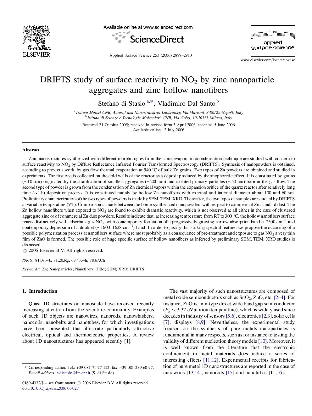 DRIFTS study of surface reactivity to NO2 by zinc nanoparticle aggregates and zinc hollow nanofibers