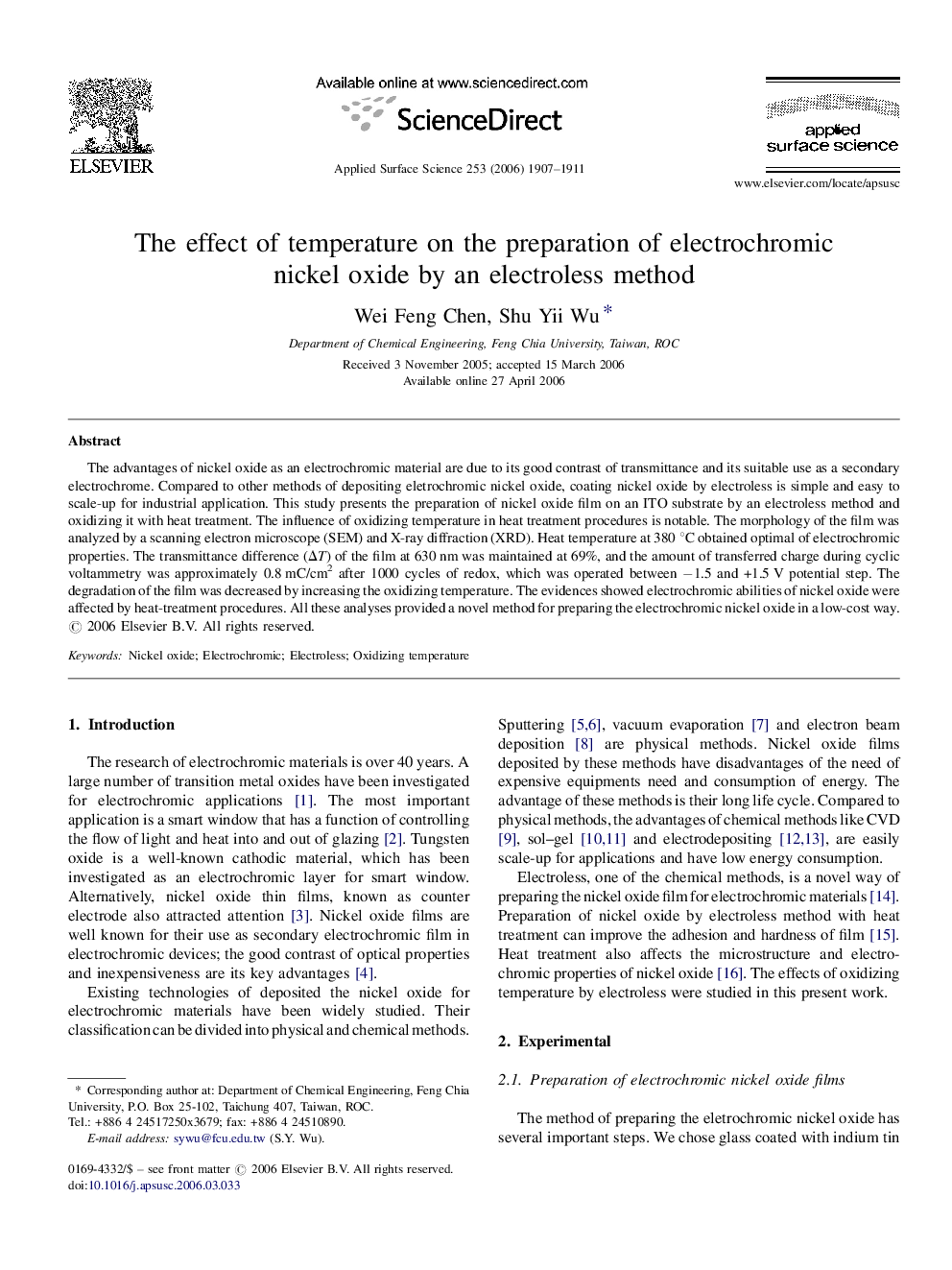 The effect of temperature on the preparation of electrochromic nickel oxide by an electroless method