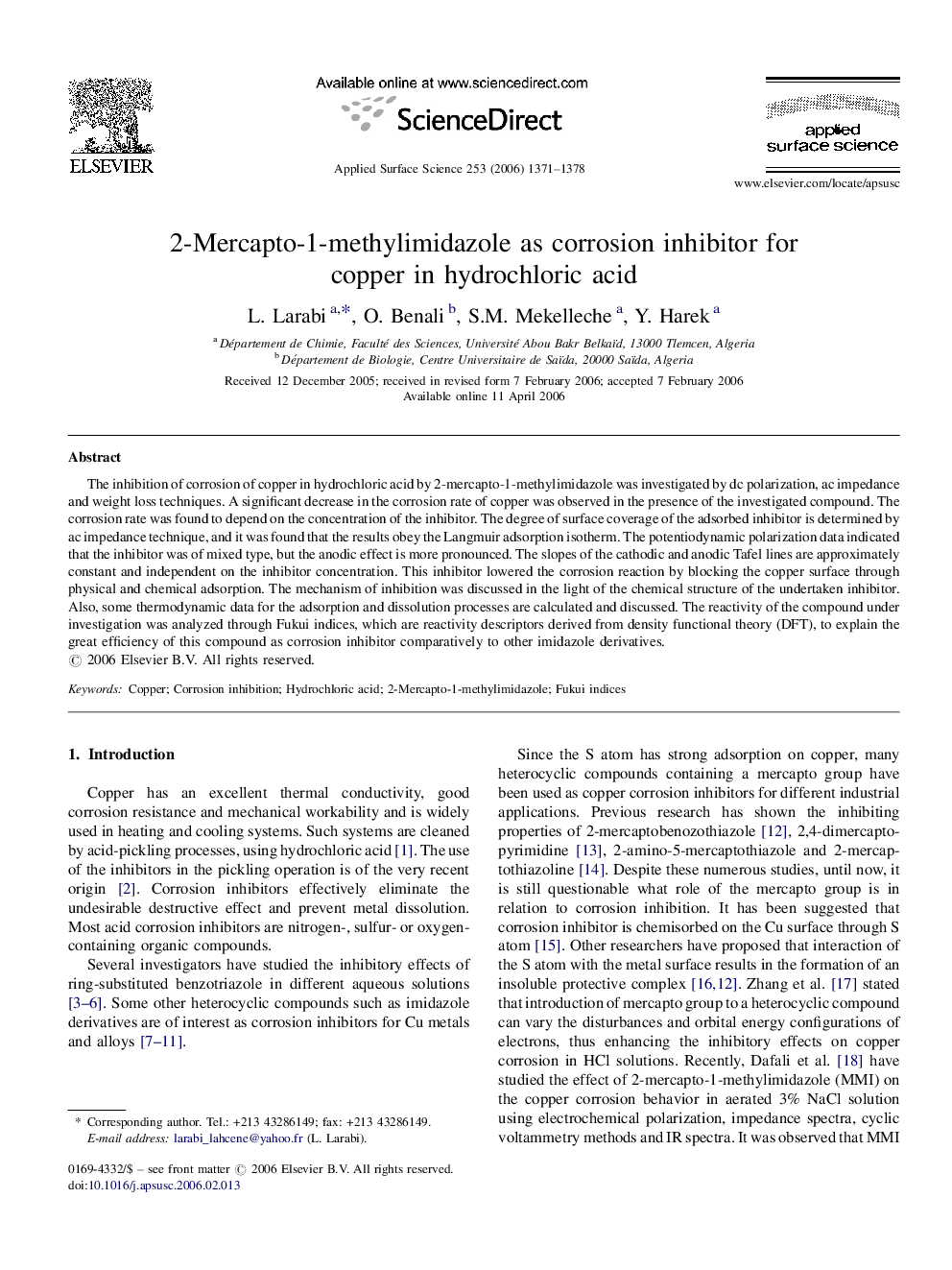 2-Mercapto-1-methylimidazole as corrosion inhibitor for copper in hydrochloric acid