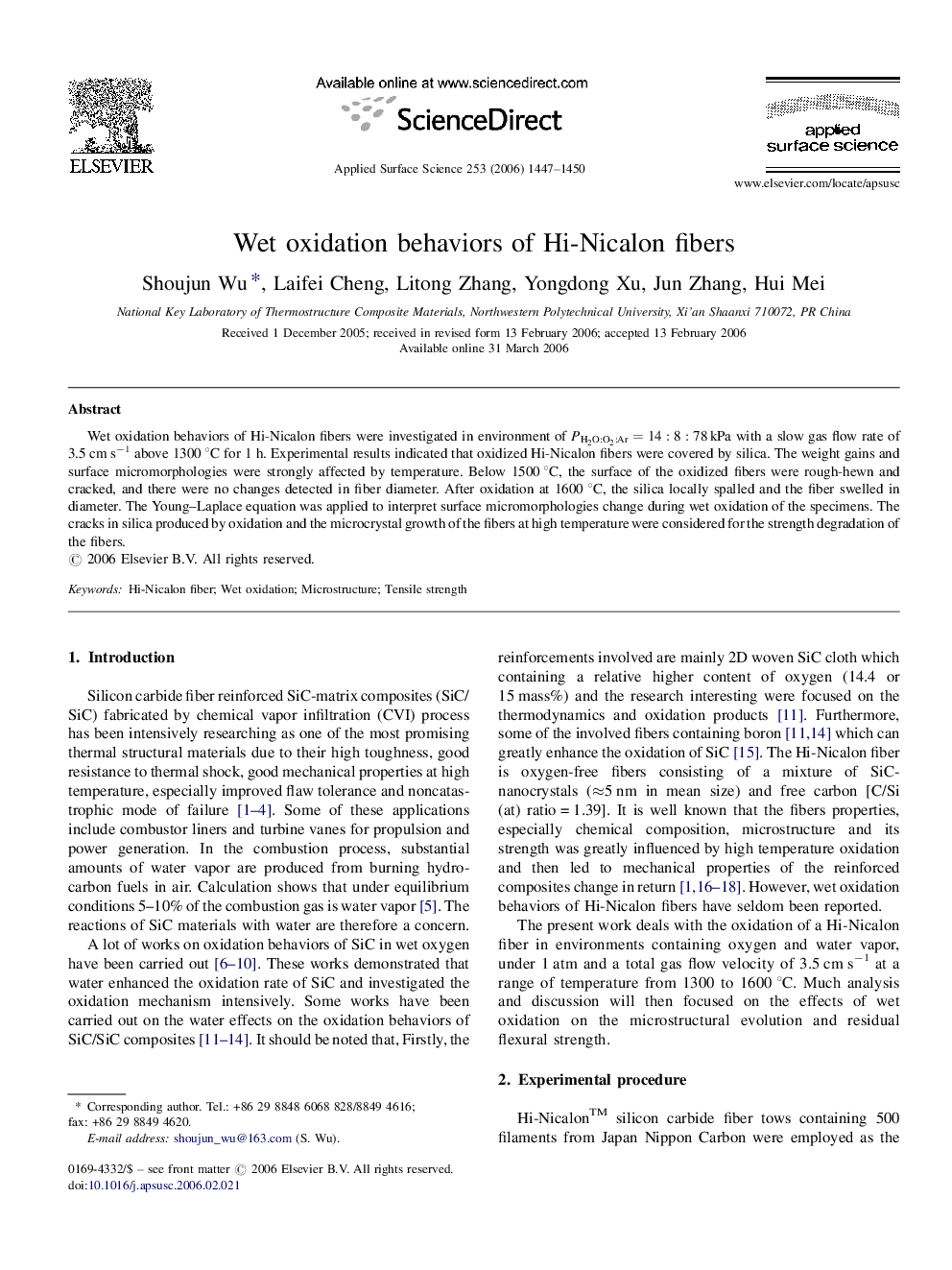 Wet oxidation behaviors of Hi-Nicalon fibers