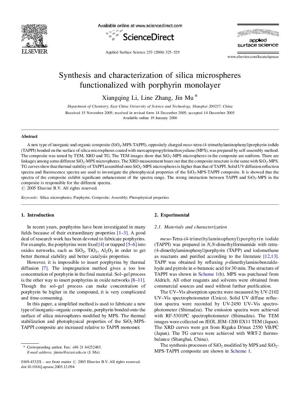 Synthesis and characterization of silica microspheres functionalized with porphyrin monolayer