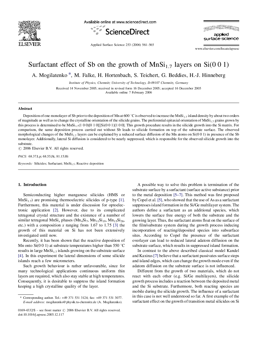 Surfactant effect of Sb on the growth of MnSi1.7 layers on Si(0 0 1)