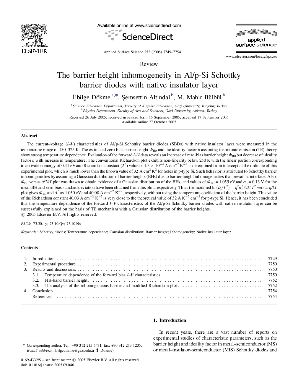 The barrier height inhomogeneity in Al/p-Si Schottky barrier diodes with native insulator layer