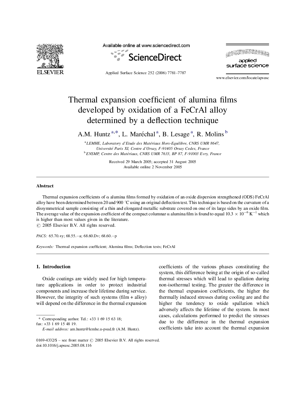 Thermal expansion coefficient of alumina films developed by oxidation of a FeCrAl alloy determined by a deflection technique