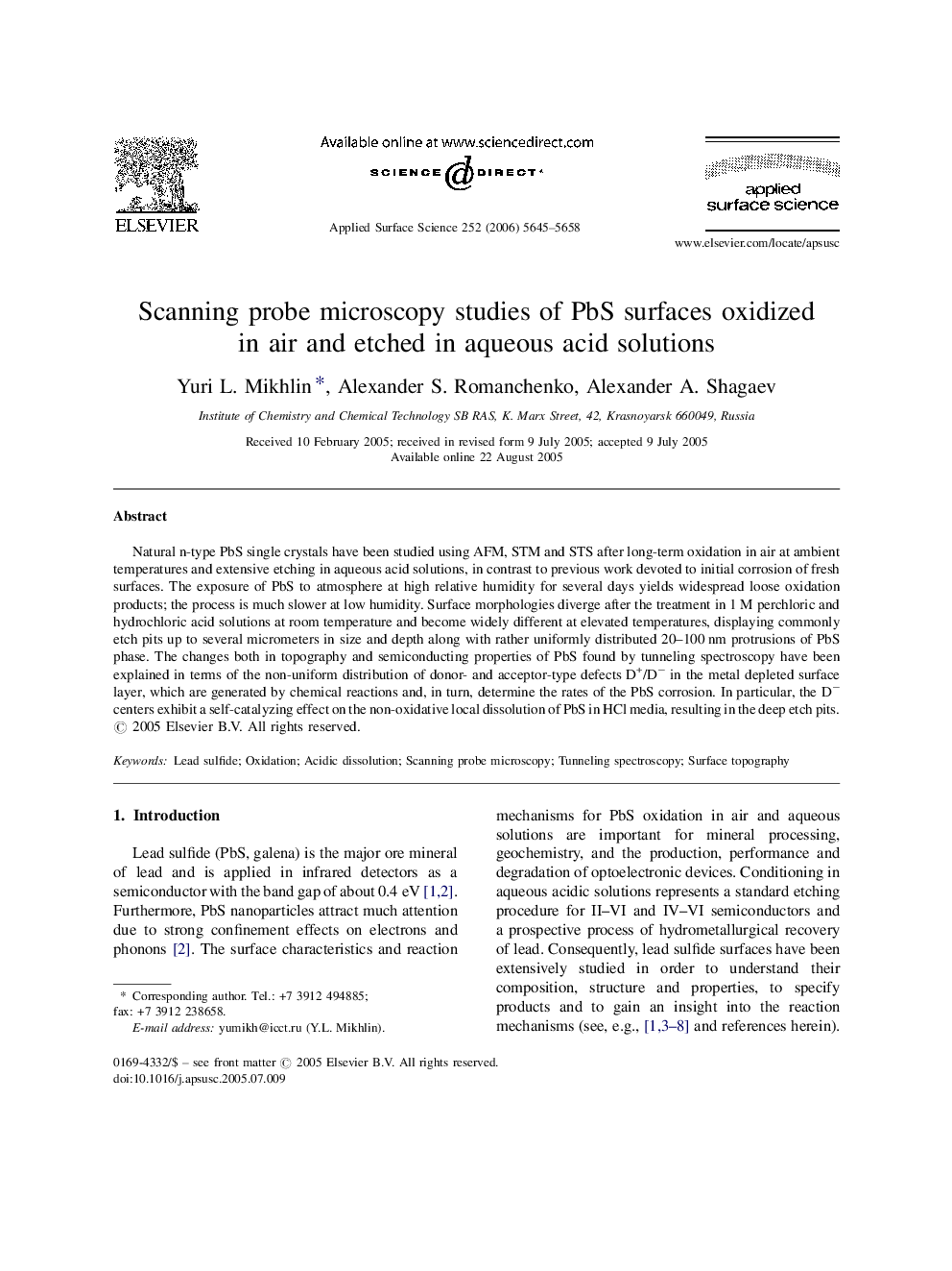 Scanning probe microscopy studies of PbS surfaces oxidized in air and etched in aqueous acid solutions