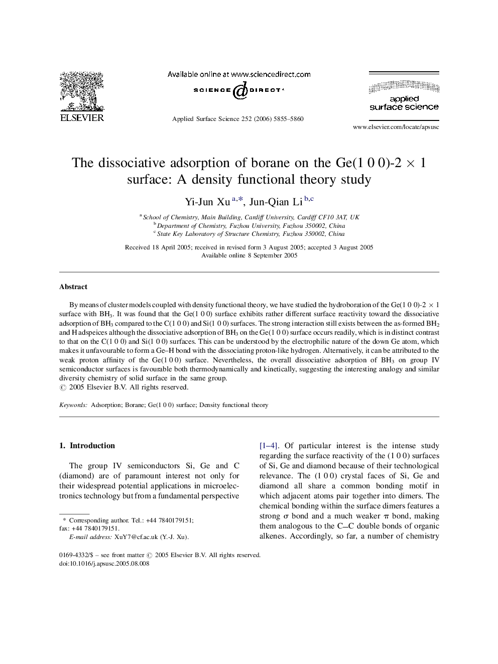 The dissociative adsorption of borane on the Ge(1 0 0)-2 Ã 1 surface: A density functional theory study
