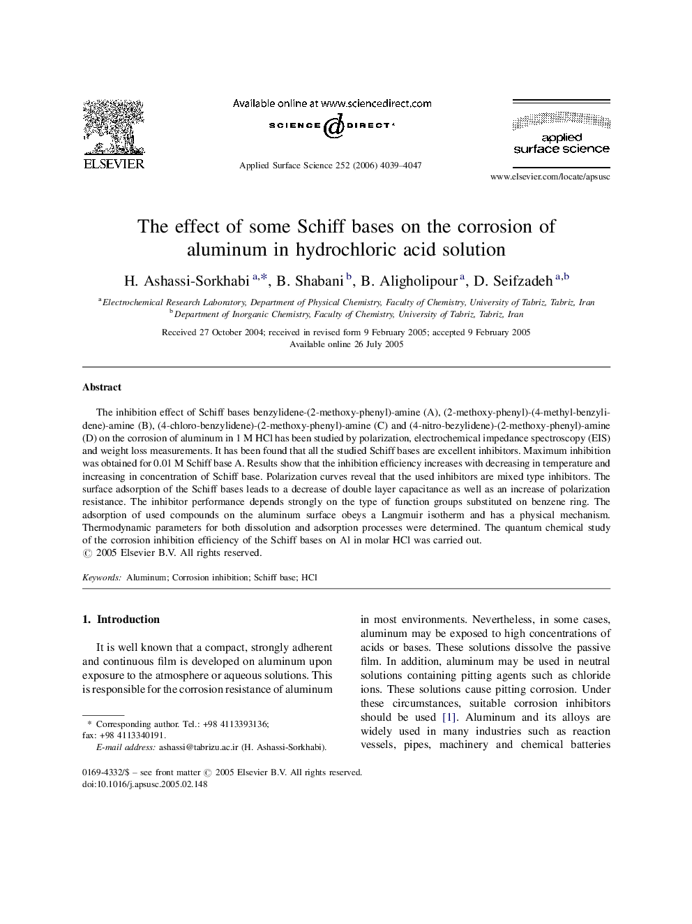 The effect of some Schiff bases on the corrosion of aluminum in hydrochloric acid solution