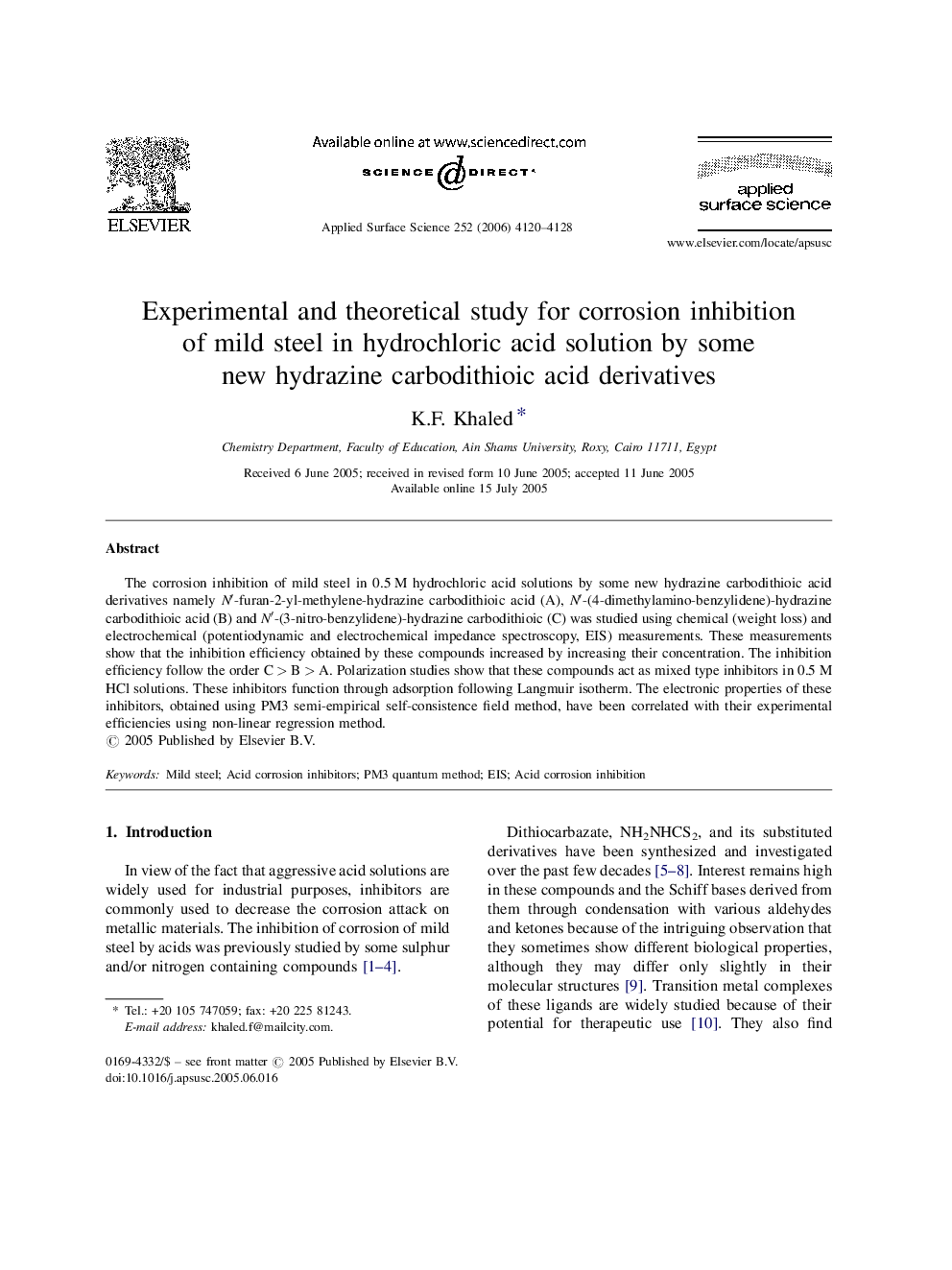 Experimental and theoretical study for corrosion inhibition of mild steel in hydrochloric acid solution by some new hydrazine carbodithioic acid derivatives