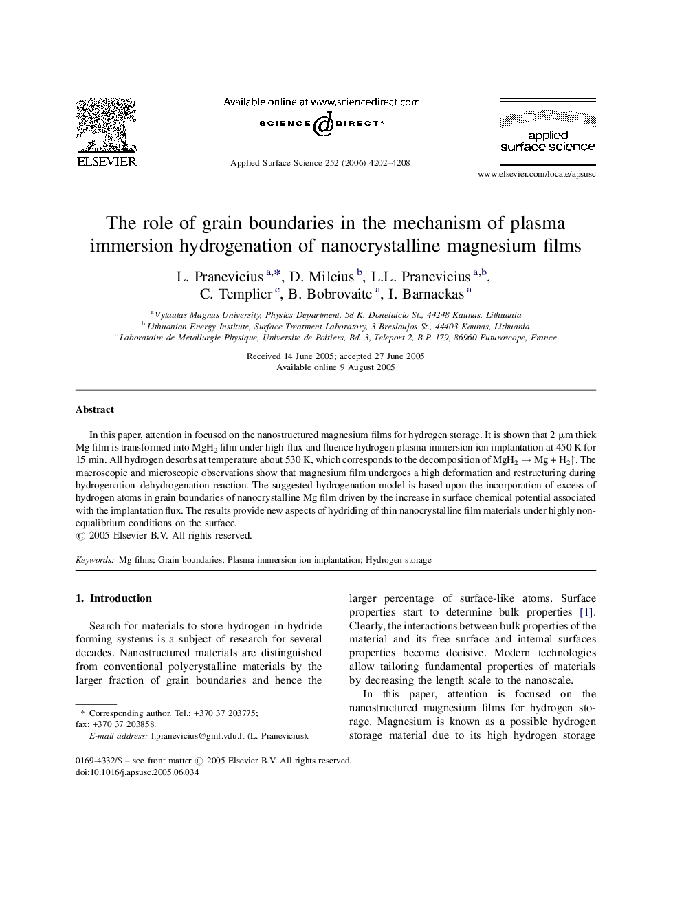 The role of grain boundaries in the mechanism of plasma immersion hydrogenation of nanocrystalline magnesium films