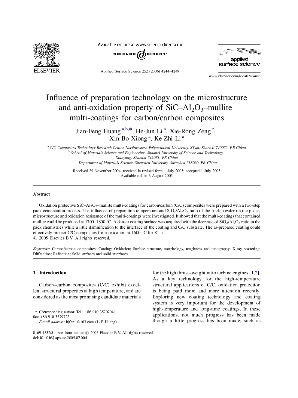 Influence of preparation technology on the microstructure and anti-oxidation property of SiC-Al2O3-mullite multi-coatings for carbon/carbon composites