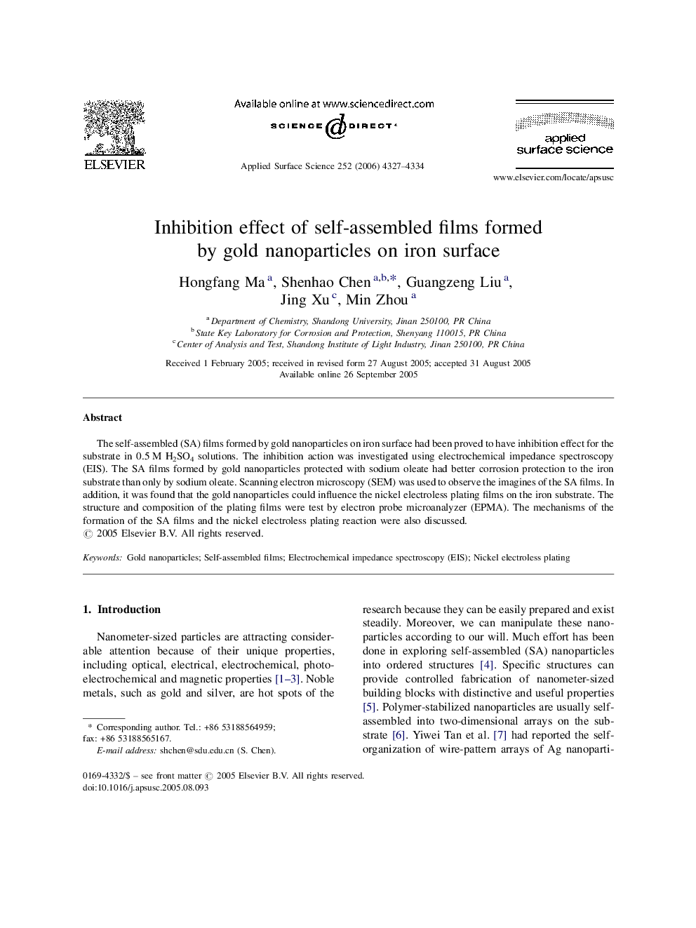 Inhibition effect of self-assembled films formed by gold nanoparticles on iron surface