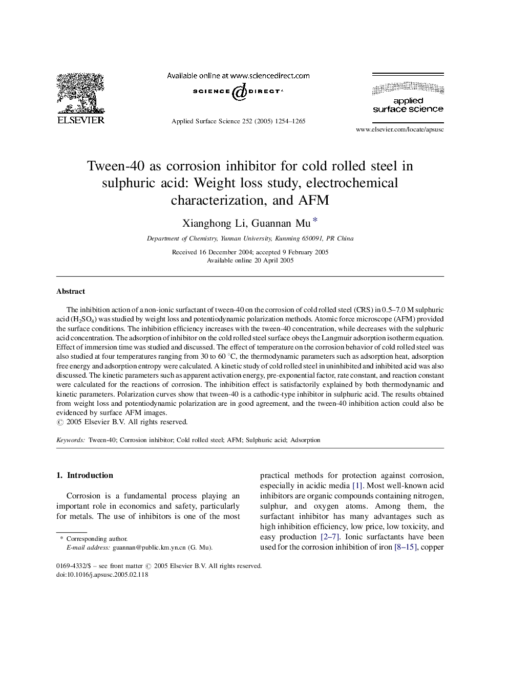 Tween-40 as corrosion inhibitor for cold rolled steel in sulphuric acid: Weight loss study, electrochemical characterization, and AFM