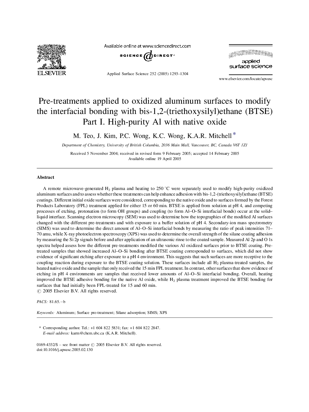 Pre-treatments applied to oxidized aluminum surfaces to modify the interfacial bonding with bis-1,2-(triethoxysilyl)ethane (BTSE): Part I. High-purity Al with native oxide