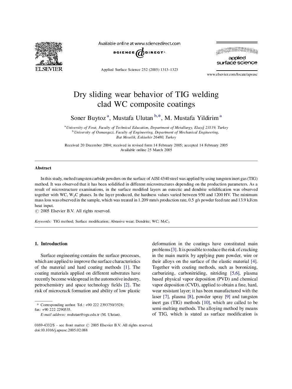 Dry sliding wear behavior of TIG welding clad WC composite coatings