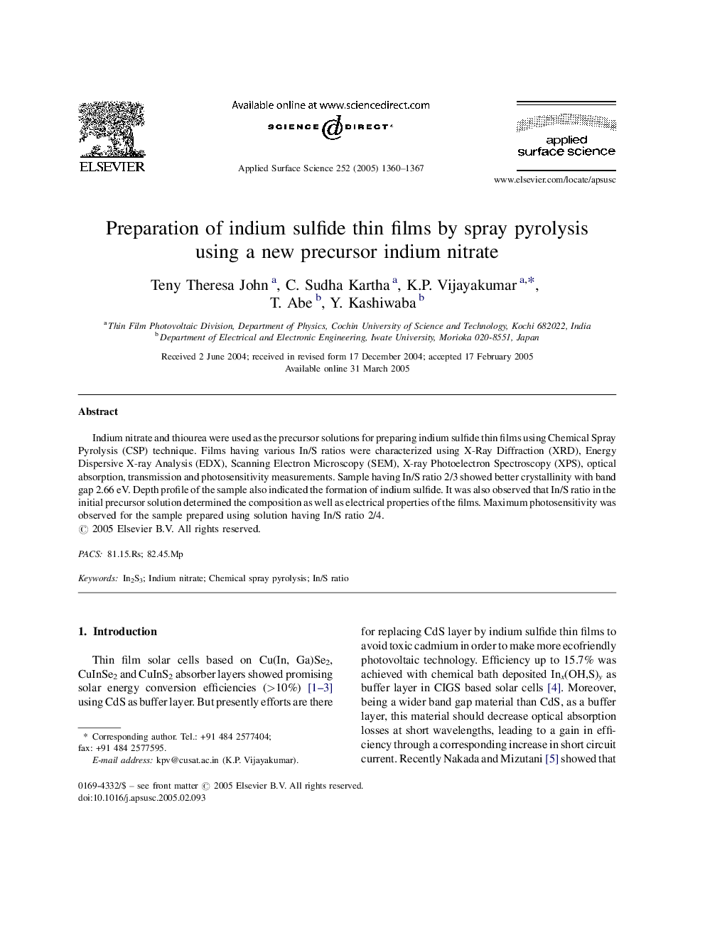 Preparation of indium sulfide thin films by spray pyrolysis using a new precursor indium nitrate