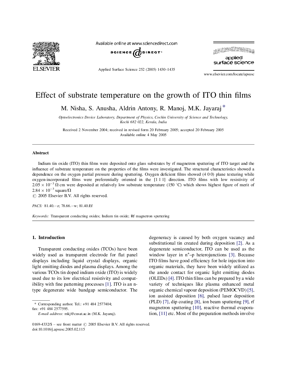 Effect of substrate temperature on the growth of ITO thin films