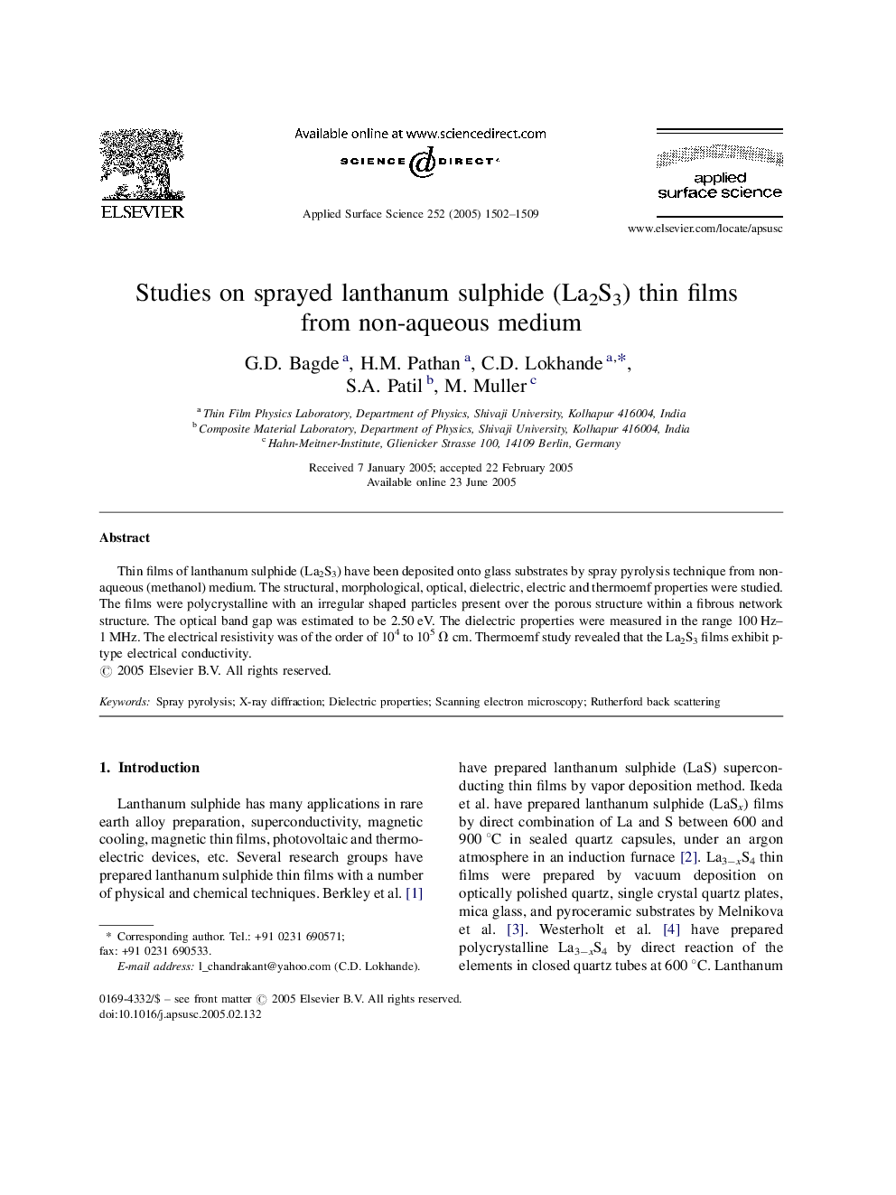 Studies on sprayed lanthanum sulphide (La2S3) thin films from non-aqueous medium