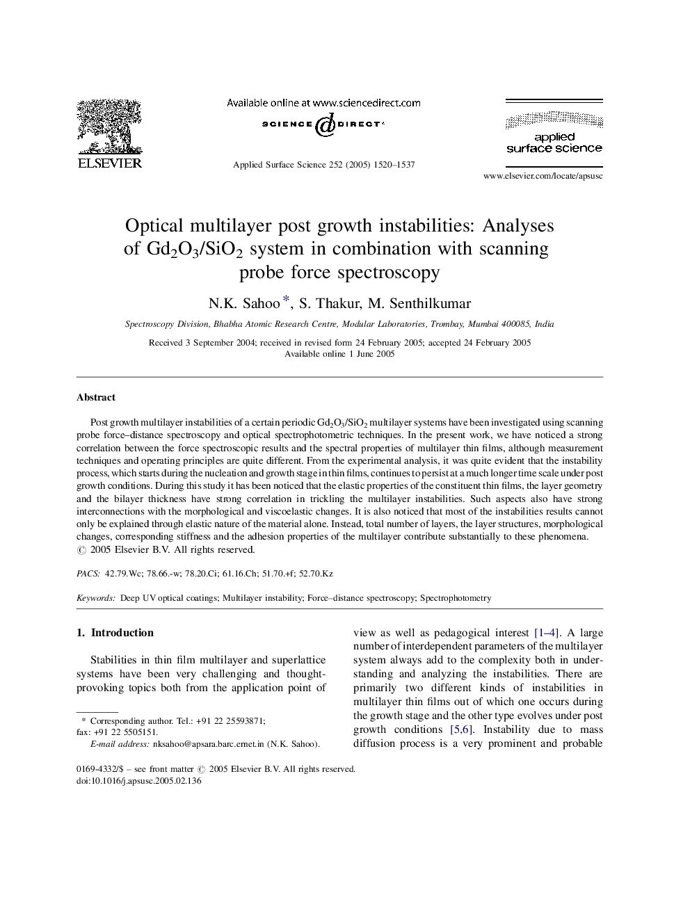 Optical multilayer post growth instabilities: Analyses of Gd2O3/SiO2 system in combination with scanning probe force spectroscopy