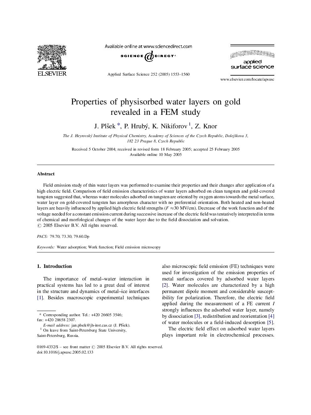 Properties of physisorbed water layers on gold revealed in a FEM study