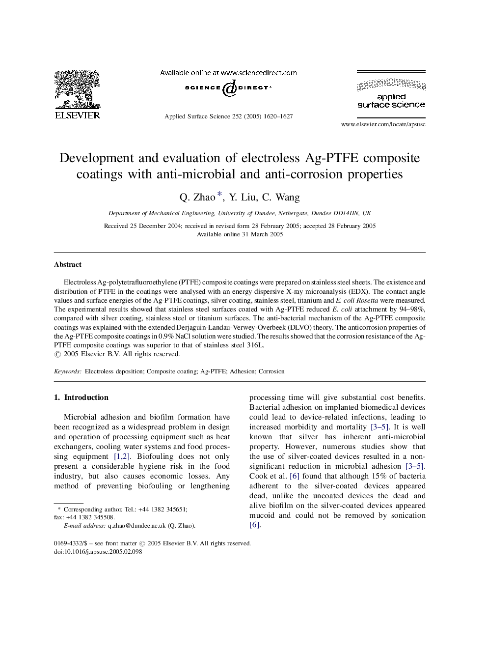 Development and evaluation of electroless Ag-PTFE composite coatings with anti-microbial and anti-corrosion properties