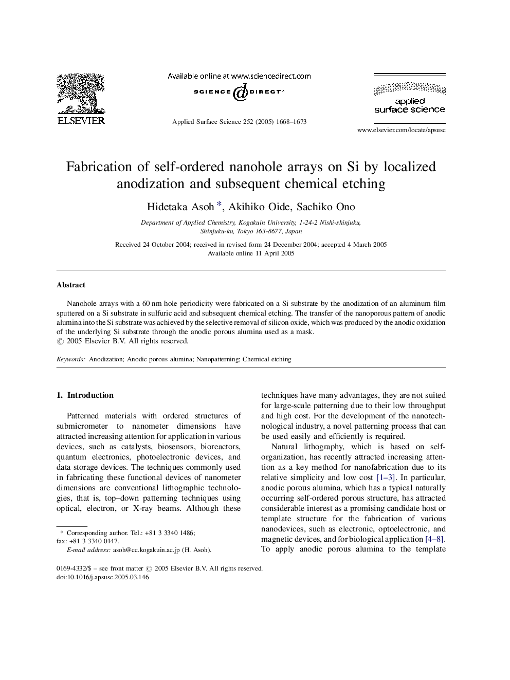 Fabrication of self-ordered nanohole arrays on Si by localized anodization and subsequent chemical etching