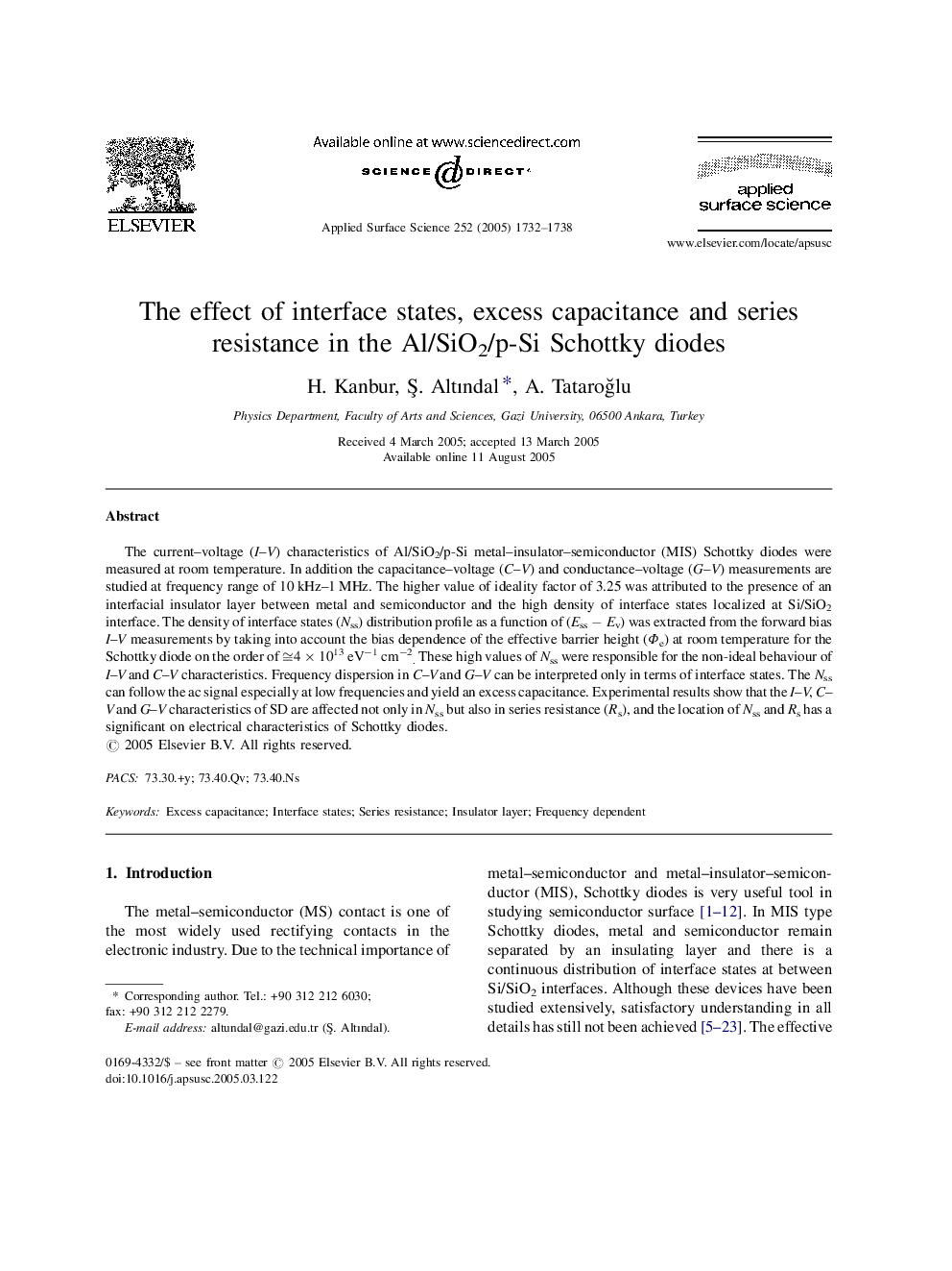 The effect of interface states, excess capacitance and series resistance in the Al/SiO2/p-Si Schottky diodes