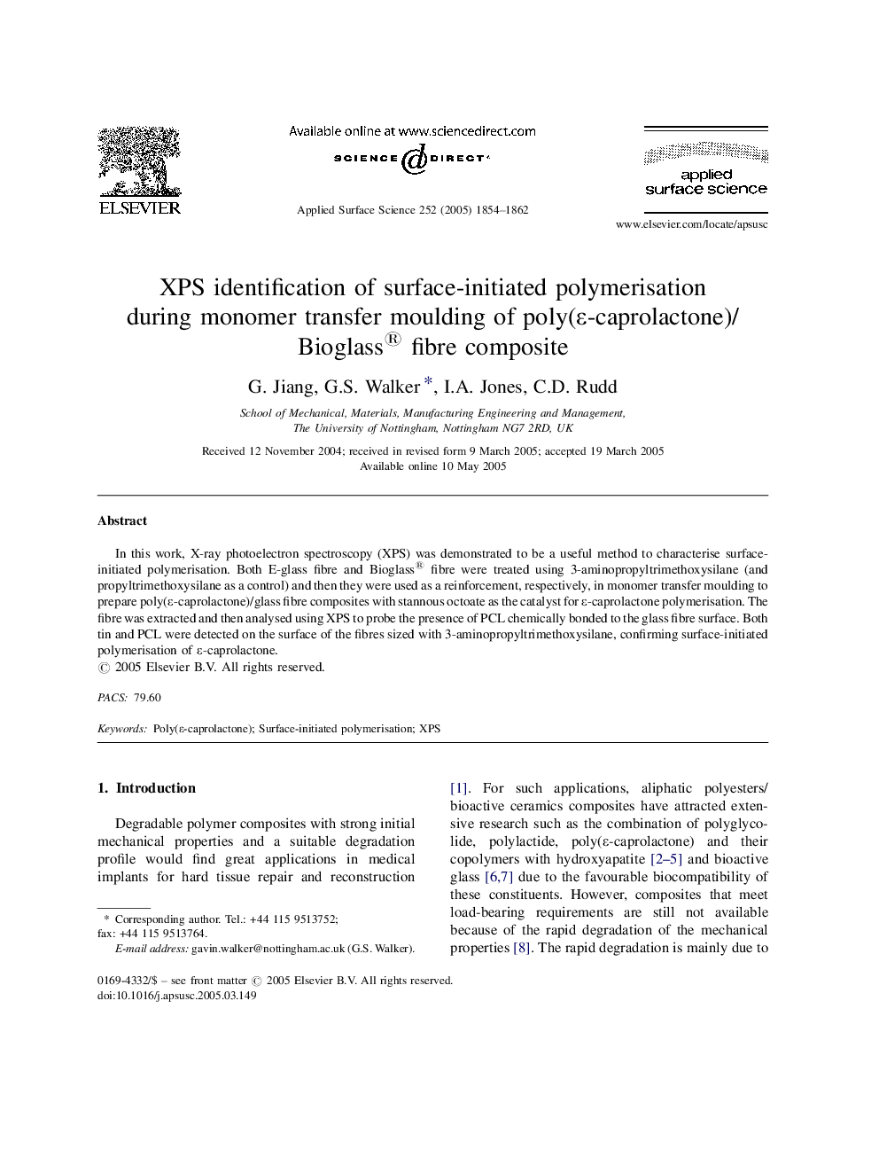 XPS identification of surface-initiated polymerisation during monomer transfer moulding of poly(É-caprolactone)/Bioglass® fibre composite