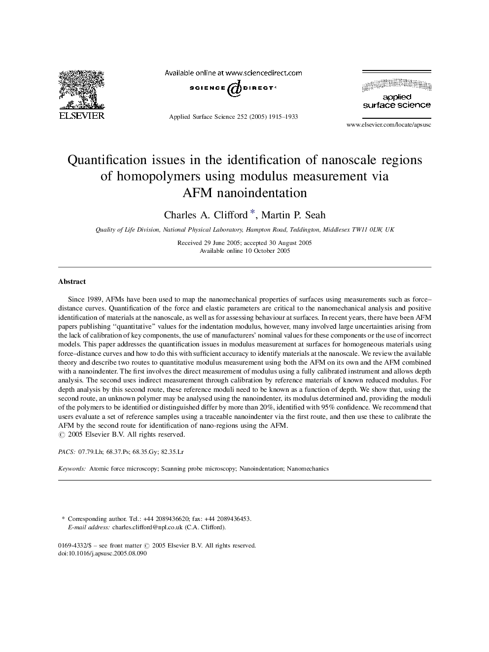 Quantification issues in the identification of nanoscale regions of homopolymers using modulus measurement via AFM nanoindentation