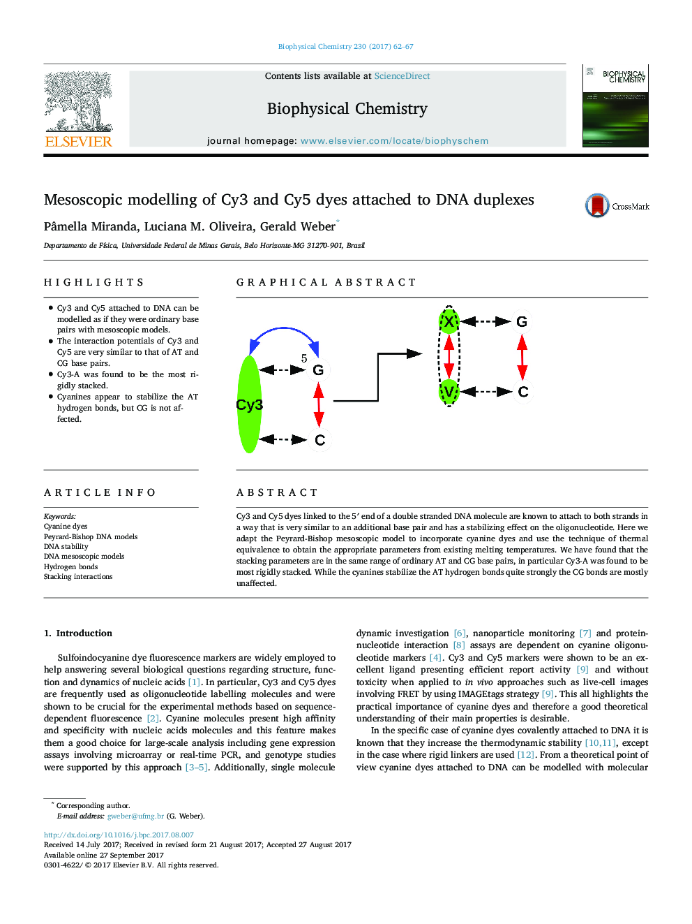 Mesoscopic modelling of Cy3 and Cy5 dyes attached to DNA duplexes
