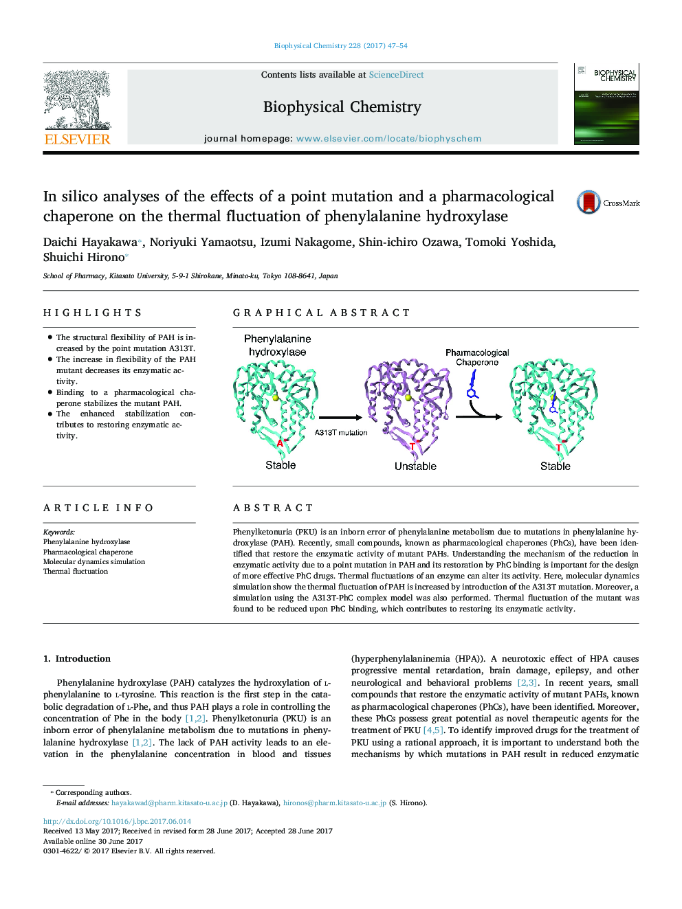 In silico analyses of the effects of a point mutation and a pharmacological chaperone on the thermal fluctuation of phenylalanine hydroxylase