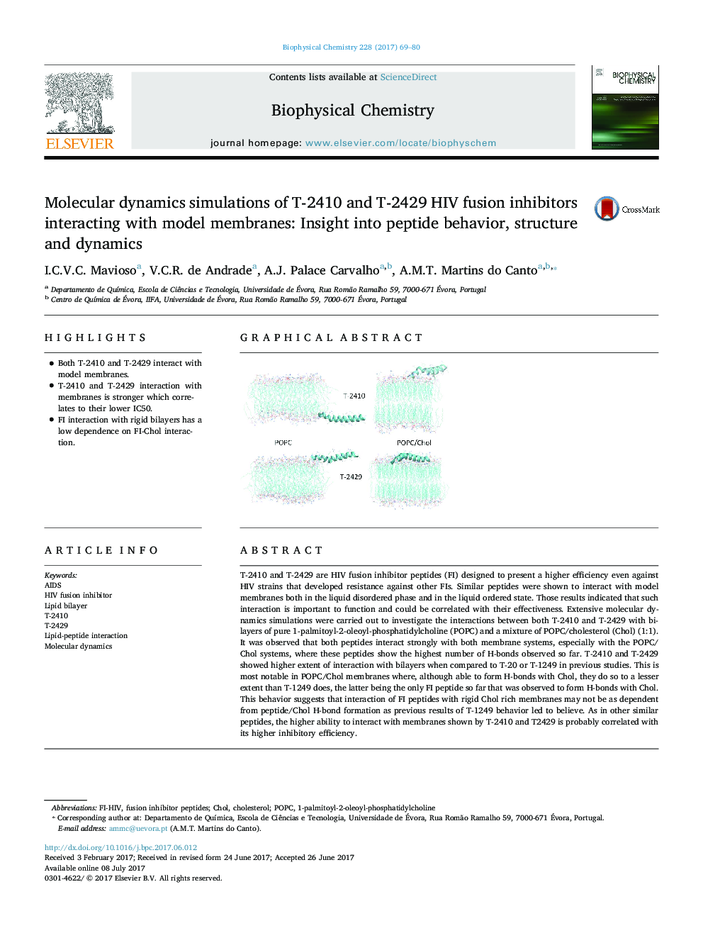 Molecular dynamics simulations of T-2410 and T-2429 HIV fusion inhibitors interacting with model membranes: Insight into peptide behavior, structure and dynamics