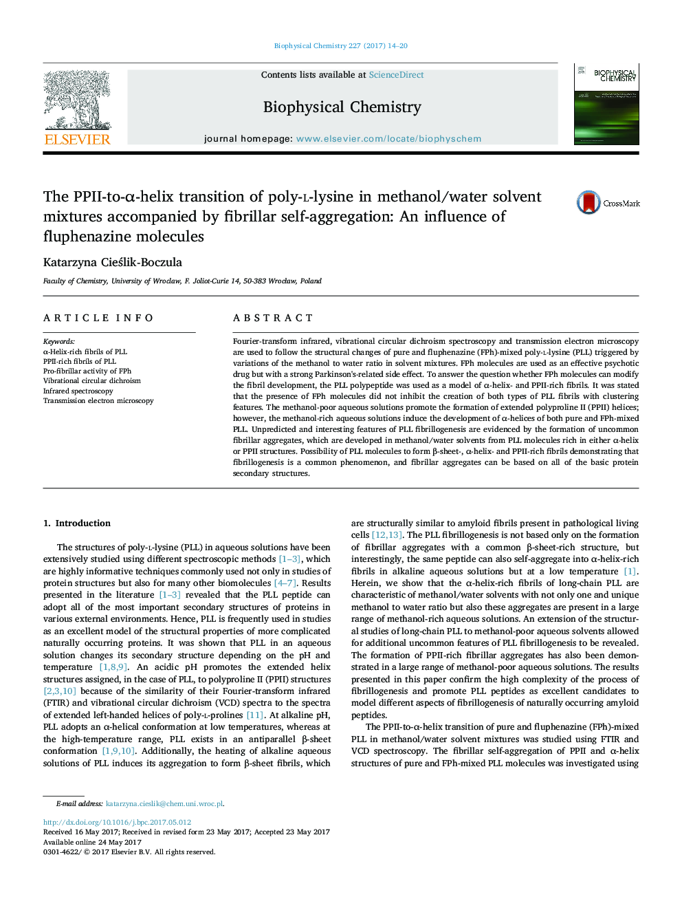 The PPII-to-Î±-helix transition of poly-l-lysine in methanol/water solvent mixtures accompanied by fibrillar self-aggregation: An influence of fluphenazine molecules