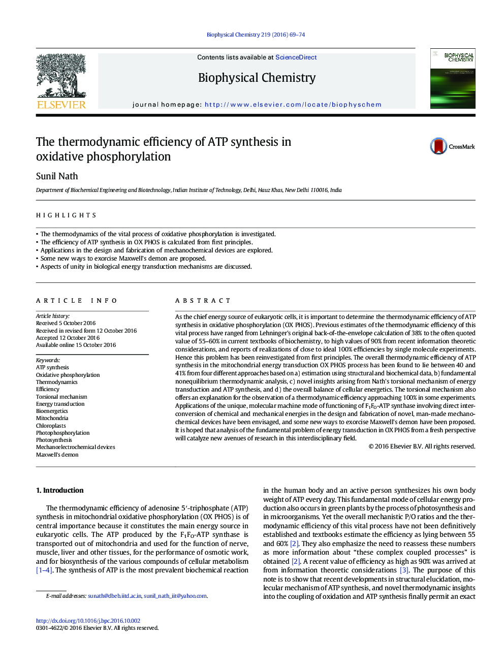 The thermodynamic efficiency of ATP synthesis in oxidative phosphorylation