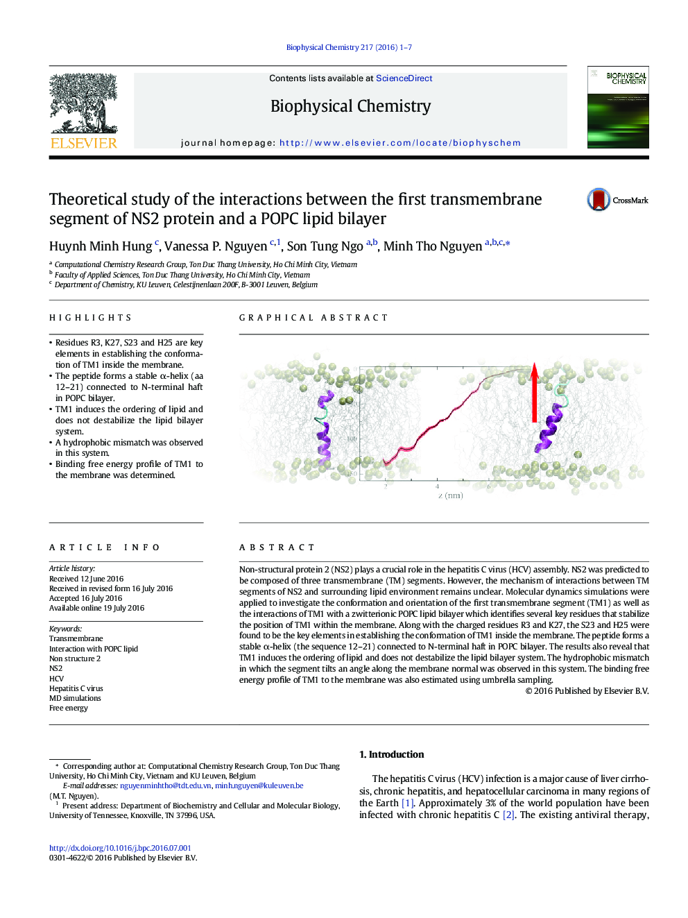 Theoretical study of the interactions between the first transmembrane segment of NS2 protein and a POPC lipid bilayer