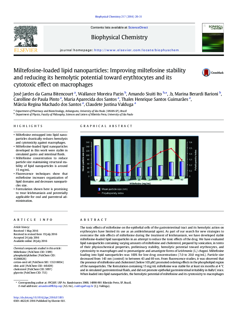 Miltefosine-loaded lipid nanoparticles: Improving miltefosine stability and reducing its hemolytic potential toward erythtocytes and its cytotoxic effect on macrophages