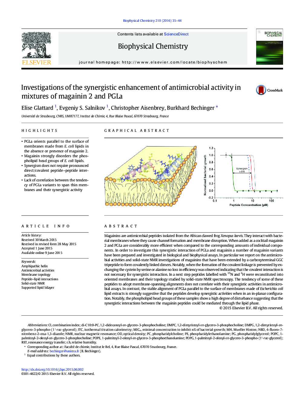 Investigations of the synergistic enhancement of antimicrobial activity in mixtures of magainin 2 and PGLa
