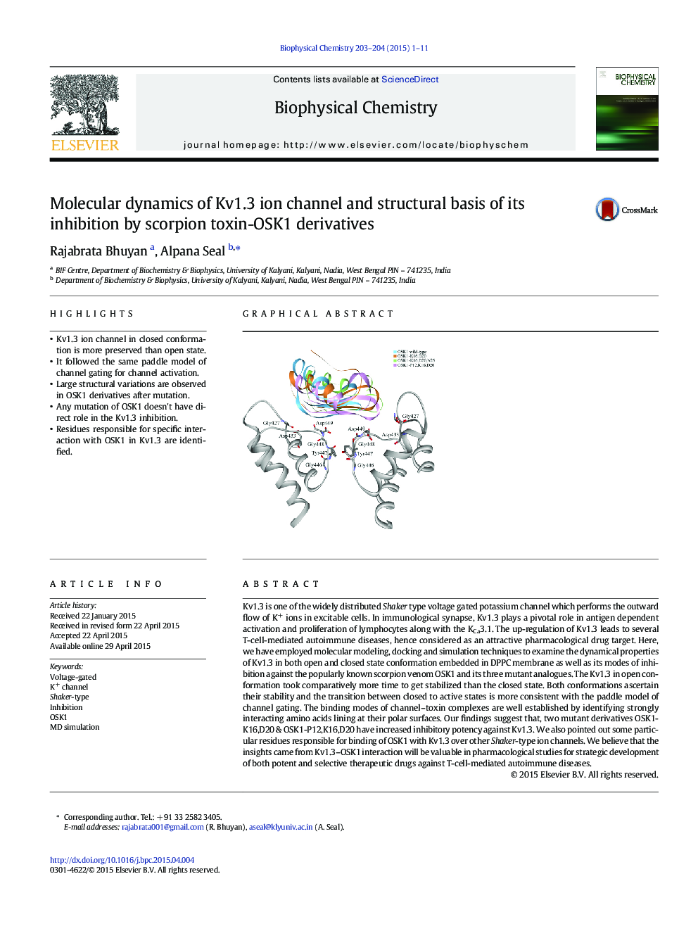 Molecular dynamics of Kv1.3 ion channel and structural basis of its inhibition by scorpion toxin-OSK1 derivatives