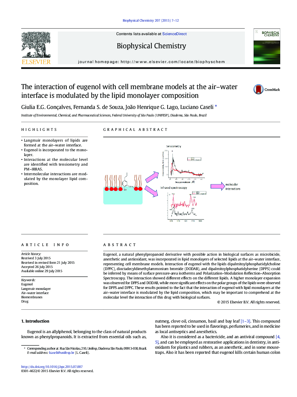 The interaction of eugenol with cell membrane models at the air-water interface is modulated by the lipid monolayer composition