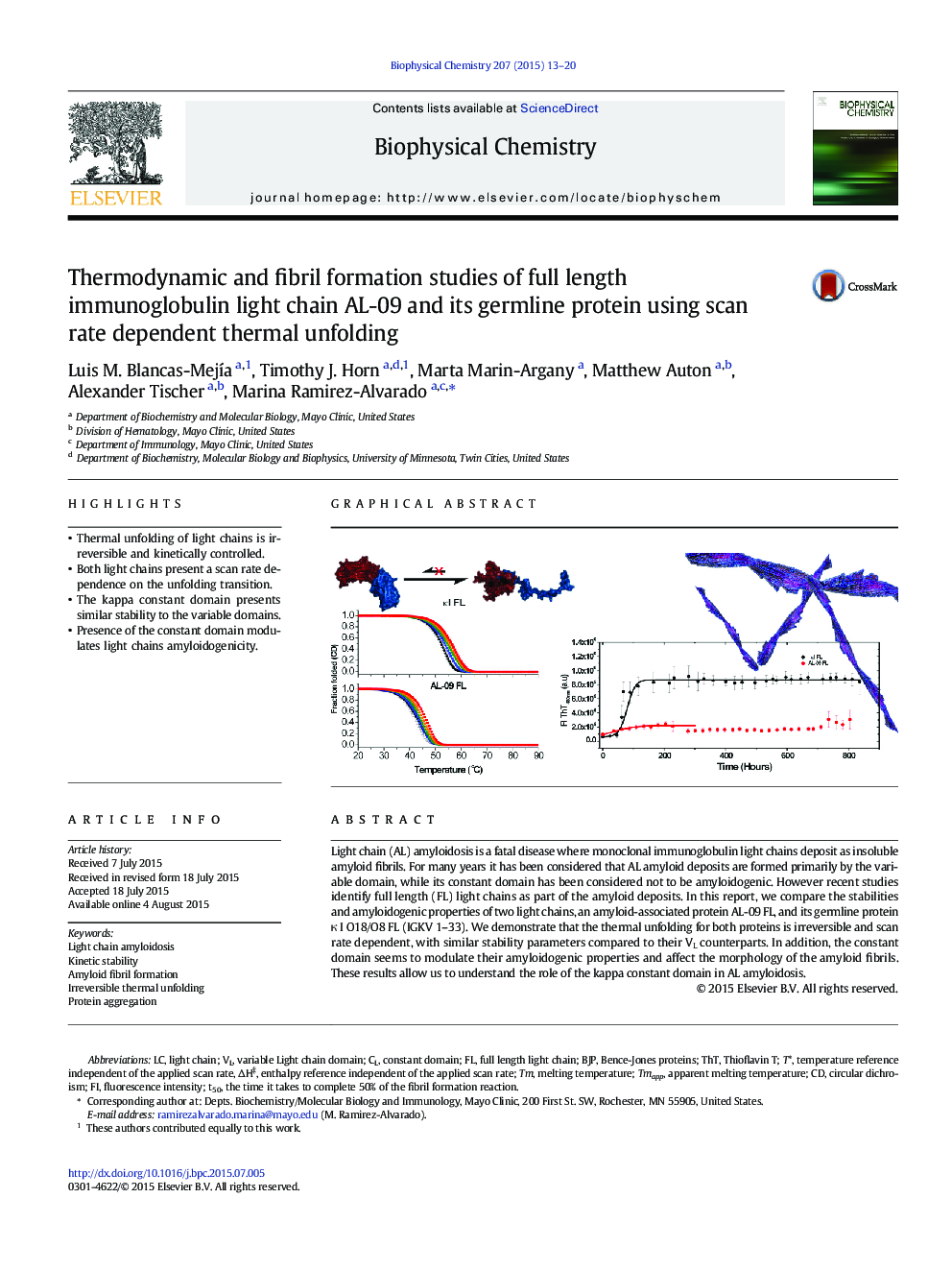 Thermodynamic and fibril formation studies of full length immunoglobulin light chain AL-09 and its germline protein using scan rate dependent thermal unfolding