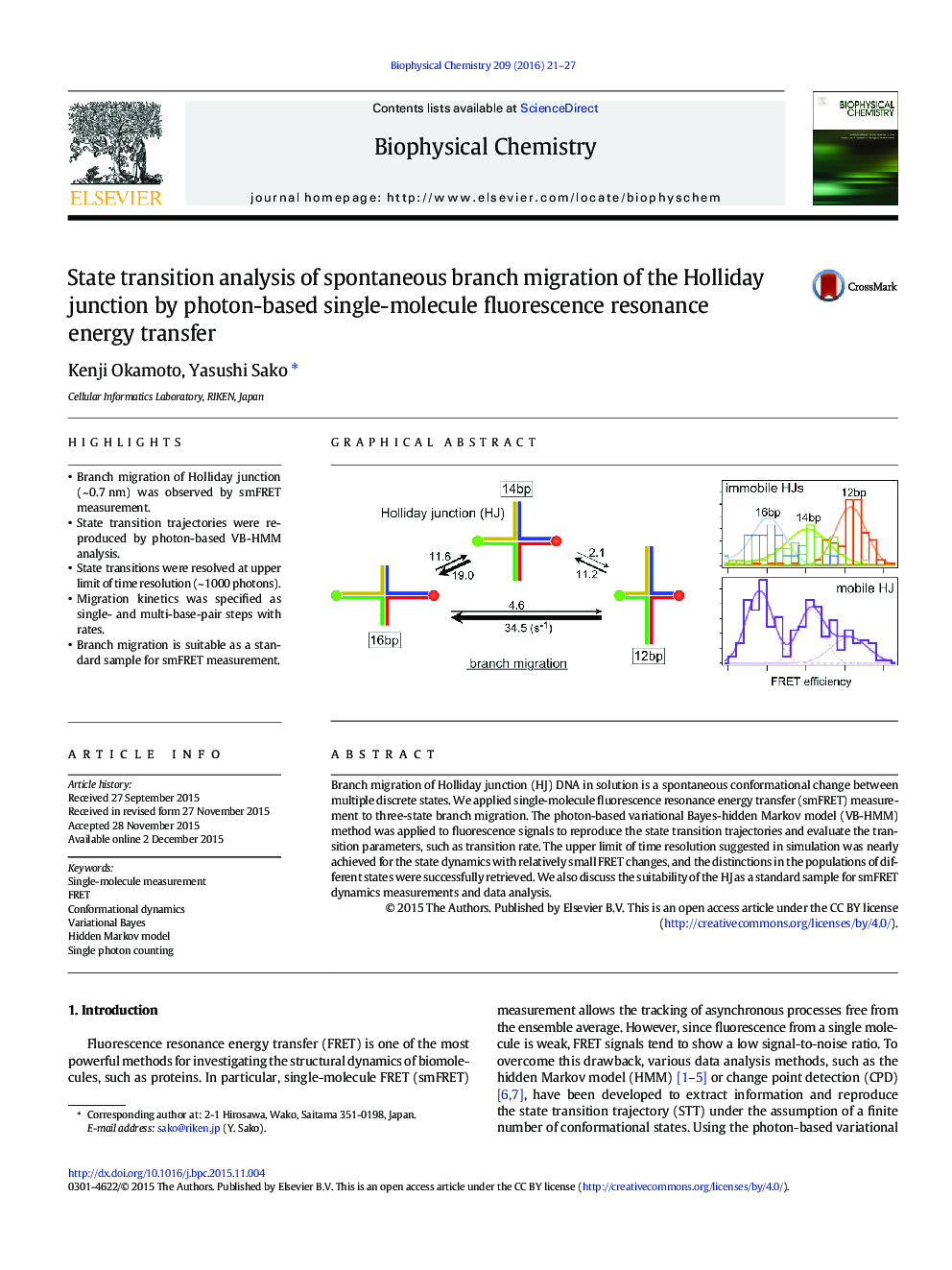 State transition analysis of spontaneous branch migration of the Holliday junction by photon-based single-molecule fluorescence resonance energy transfer