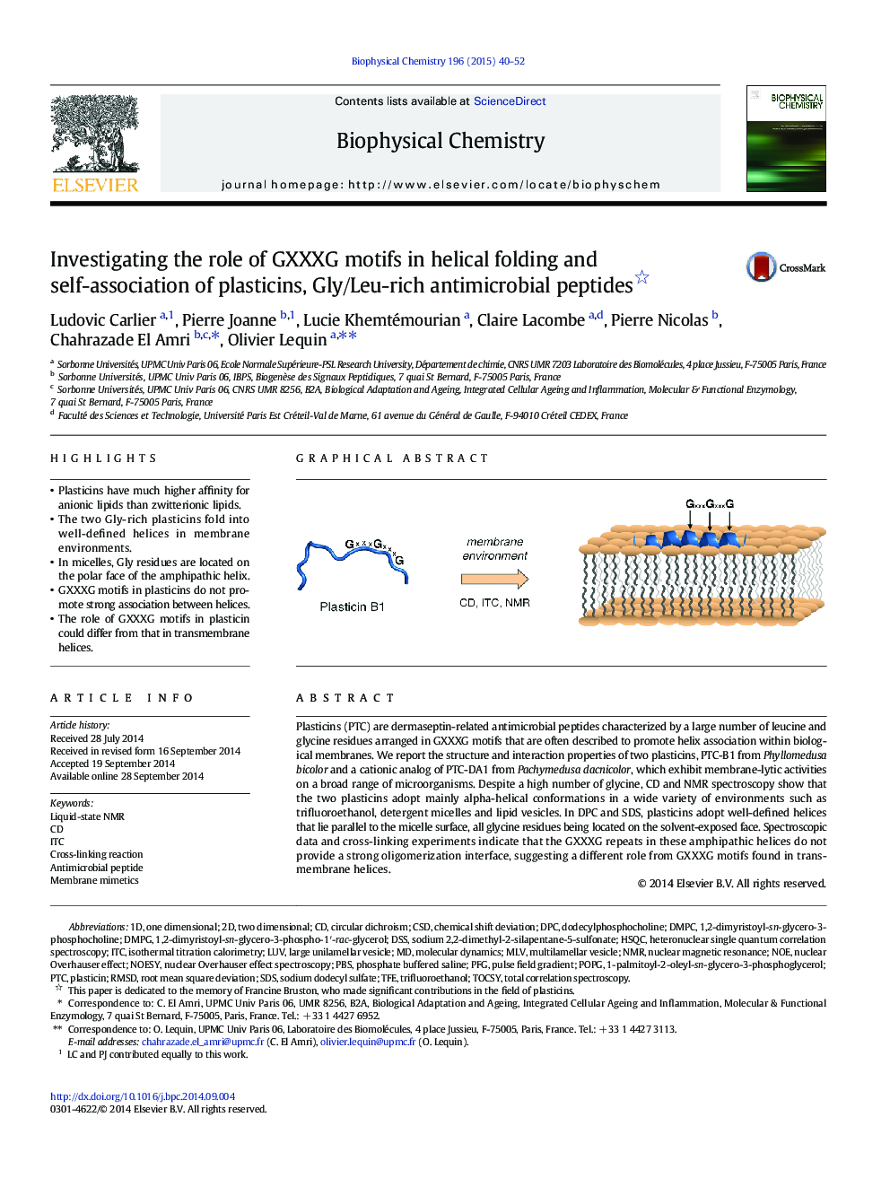 Investigating the role of GXXXG motifs in helical folding and self-association of plasticins, Gly/Leu-rich antimicrobial peptides