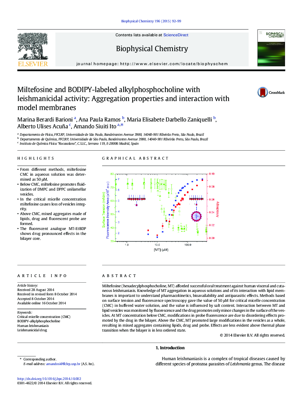 Miltefosine and BODIPY-labeled alkylphosphocholine with leishmanicidal activity: Aggregation properties and interaction with model membranes