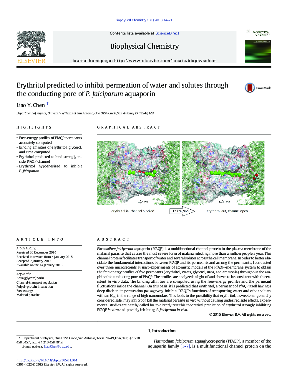 Erythritol predicted to inhibit permeation of water and solutes through the conducting pore of P. falciparum aquaporin